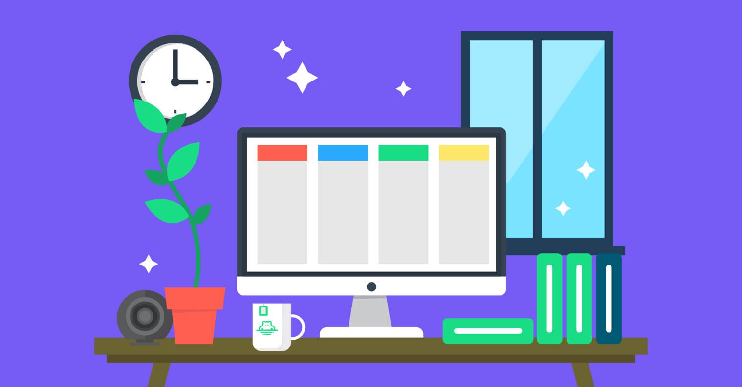 illustrated computer with tools on the screen surrounded by a window, plant, and a clock