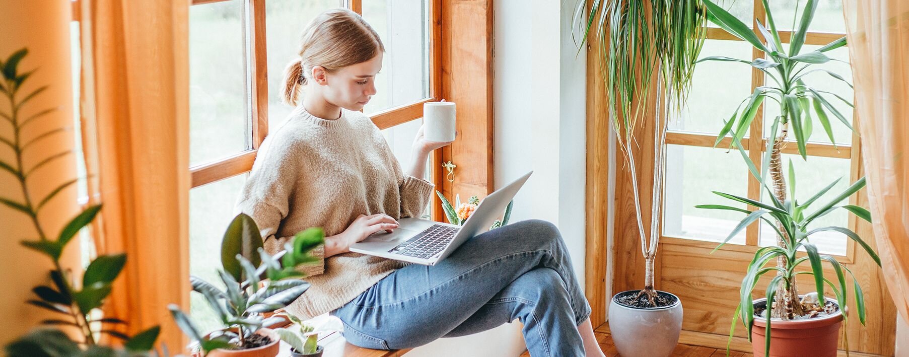 A woman sitting against a window surrounded by plants is holding a mug and working on a laptop