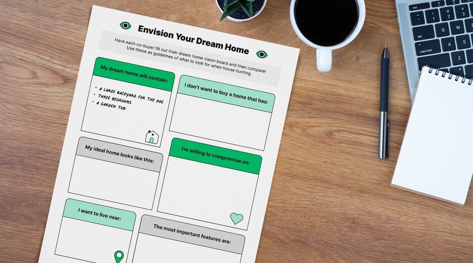 Vision board printable on a desk next to a cup of coffee and a laptop