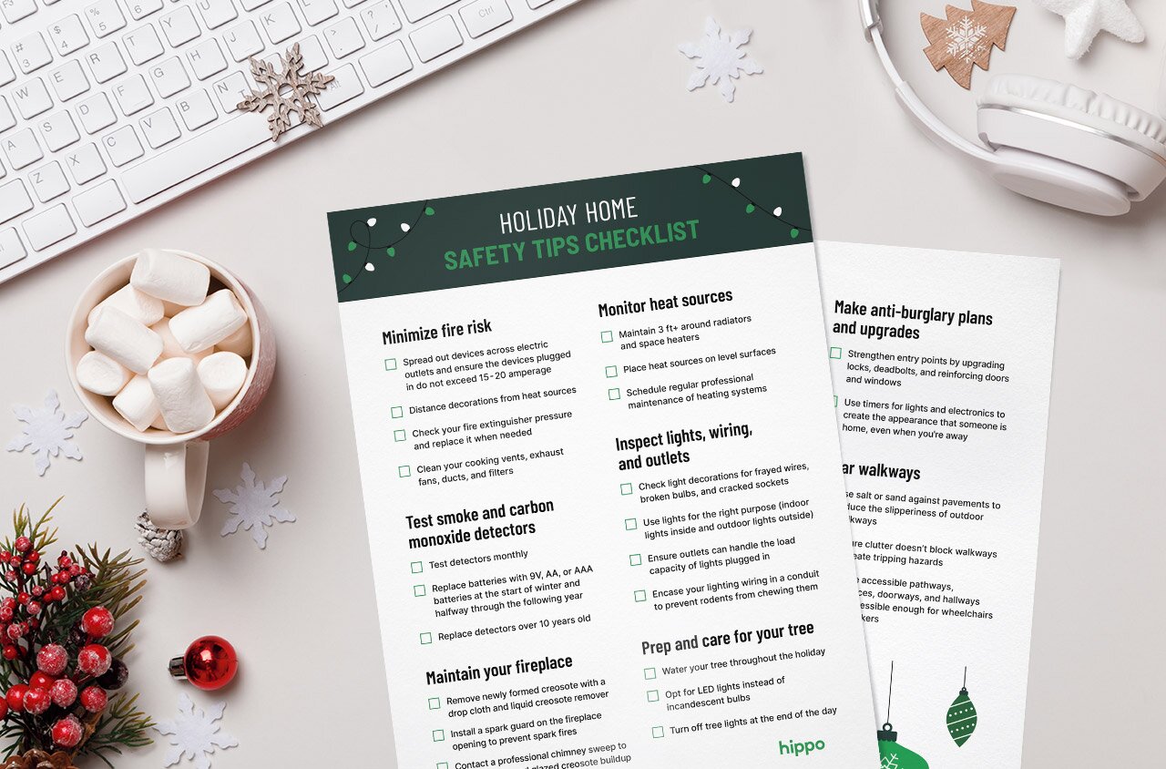 mockup of a holiday home safety tips checklist on a desk adorned with festive decor
