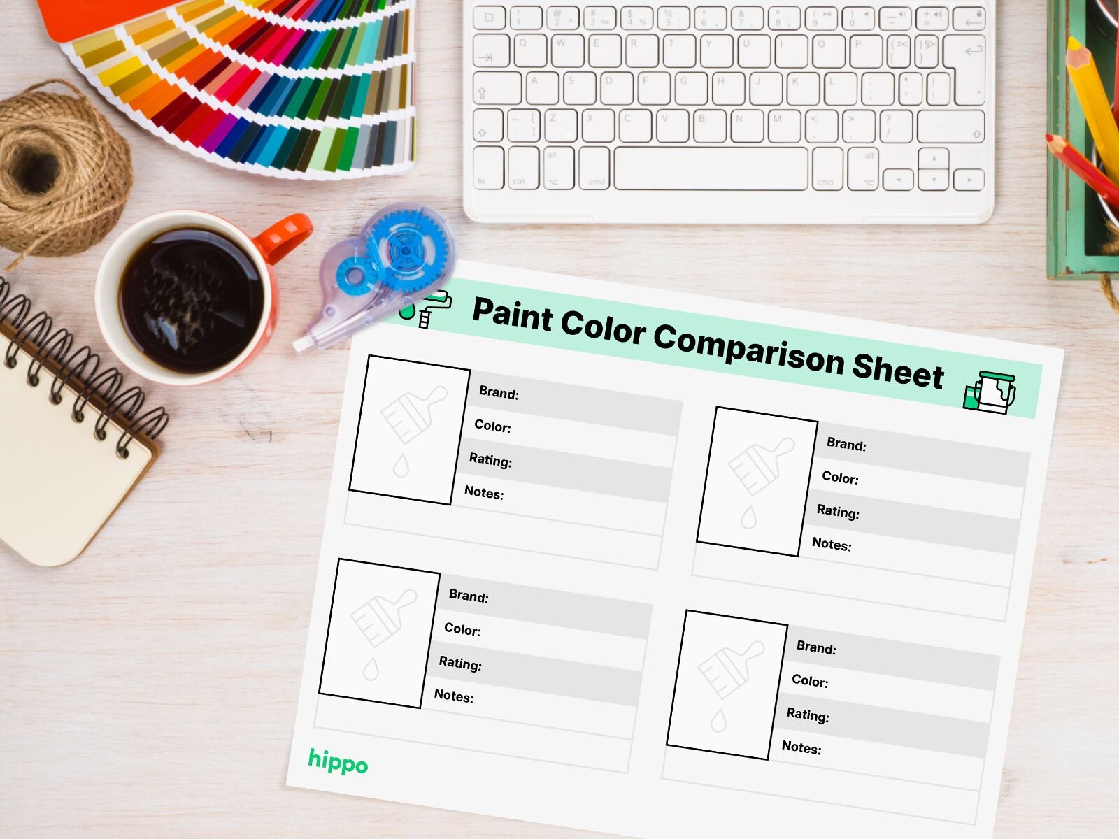 Paint comparison printable on a table by a cup of coffee and color swatches