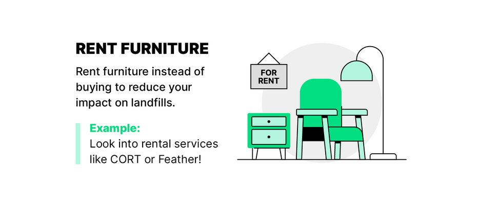 Illustration of pieces of furniture with a for rent sign nearby