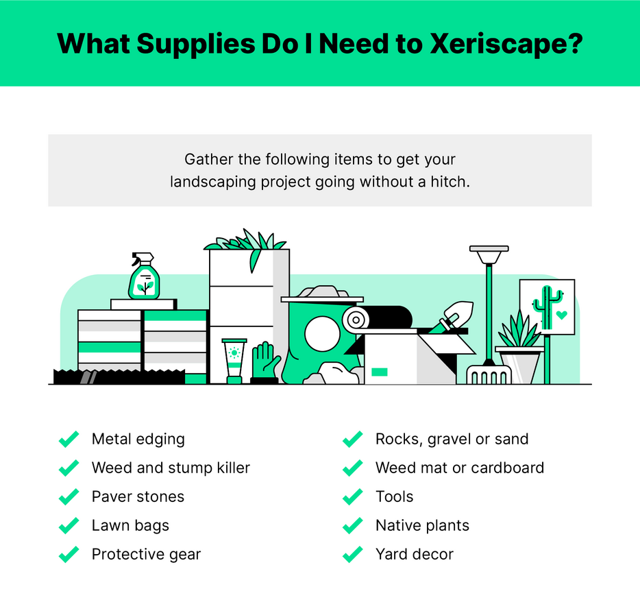 Green black and white illustration of xeriscaping and lawn supplies